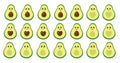 A set of twenty one cute avocado emojis with different emotions.